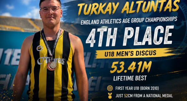 Turkay Throws Lifetime Best to Finish Fourth at England Athletics Championships!